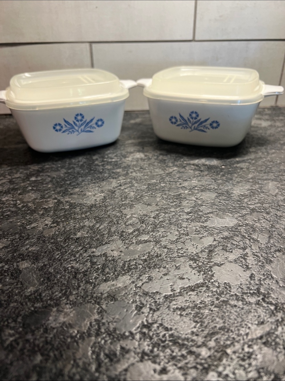 Set of 2 Corningware CORNFLOWER 3/4cup small casserole dishes w/ plastic lids.